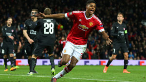 MANCHESTER, ENGLAND - FEBRUARY 25:  Marcus Rashford of Manchester United celebrates scoring his team's third goal during the UEFA Europa League Round of 32 second leg match between Manchester United and FC Midtjylland at Old Trafford on February 25, 2016 in Manchester, United Kingdom.  (Photo by Alex Livesey/Getty Images)